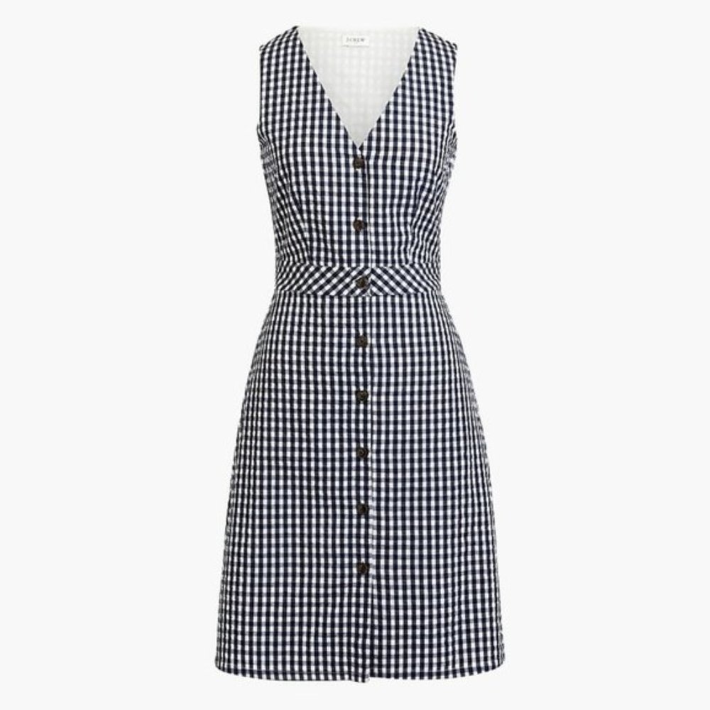 J. Crew Navy & White Gingham Sleeveless Dress Button Front *With Pockets*